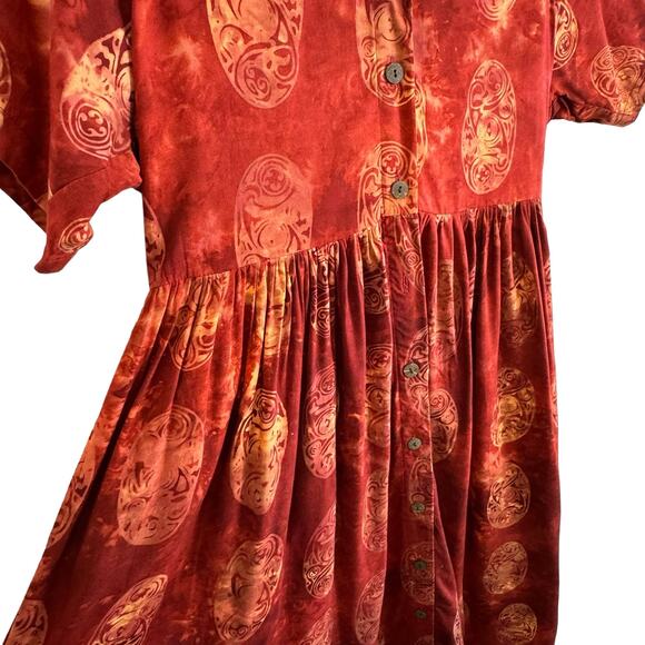 Smithsonian Institution Orange Short Sleeve Pleated Rayon Long Button Up Dress L - Picture 3 of 7